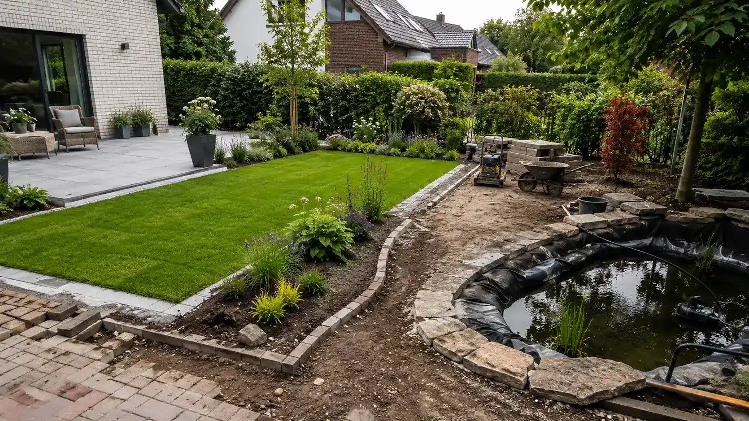 Garten-Umgestaltung mit fertiger Rasenfläche, Baustellenbereich und Teichanlage im Privatgarten