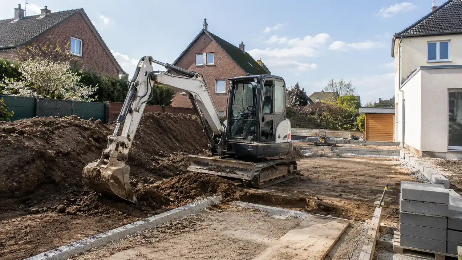 Mini-Bagger bei Erdarbeiten auf einem Wohngrundstück mit vorbereiteten Flächen und Baumaterialien