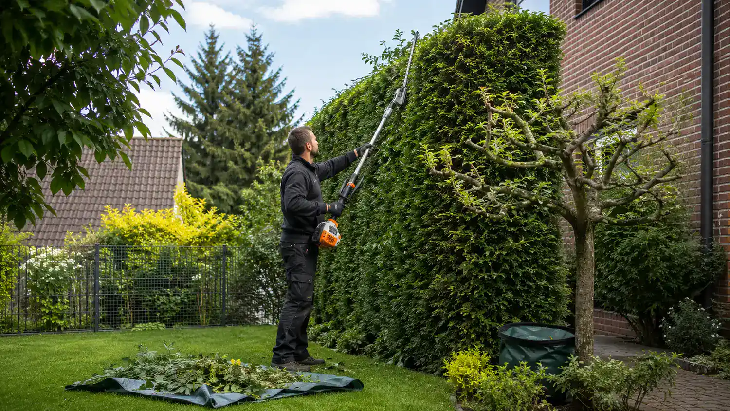 Gärtner beim Baum- und Heckenschnitt mit Hochentaster in einem gepflegten Garten
