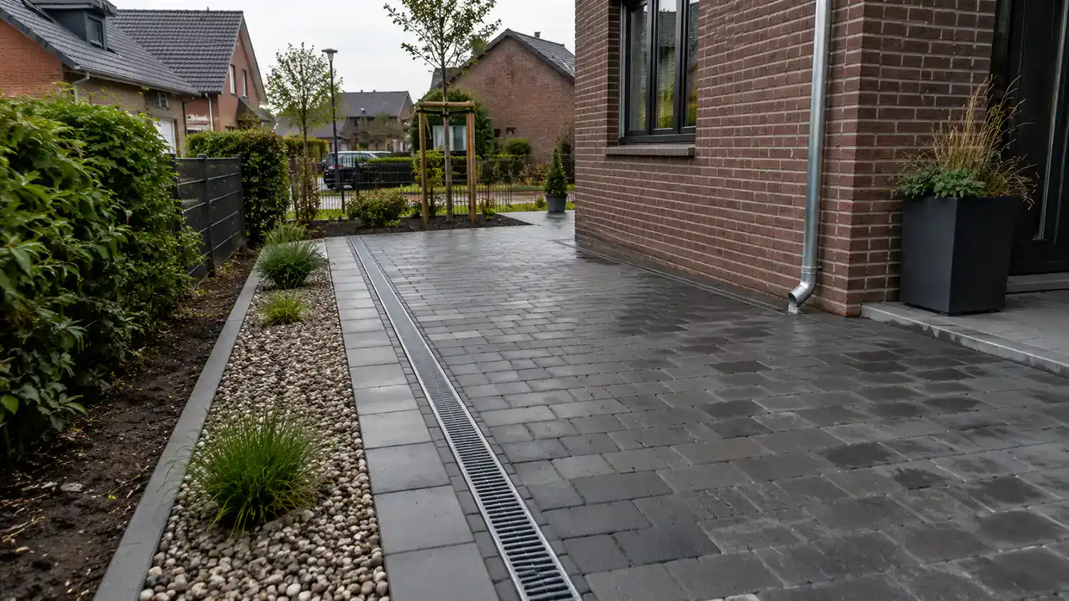 Gepflasterte Fläche mit Entwässerungsrinne und Drainagebereich an einem Wohnhaus