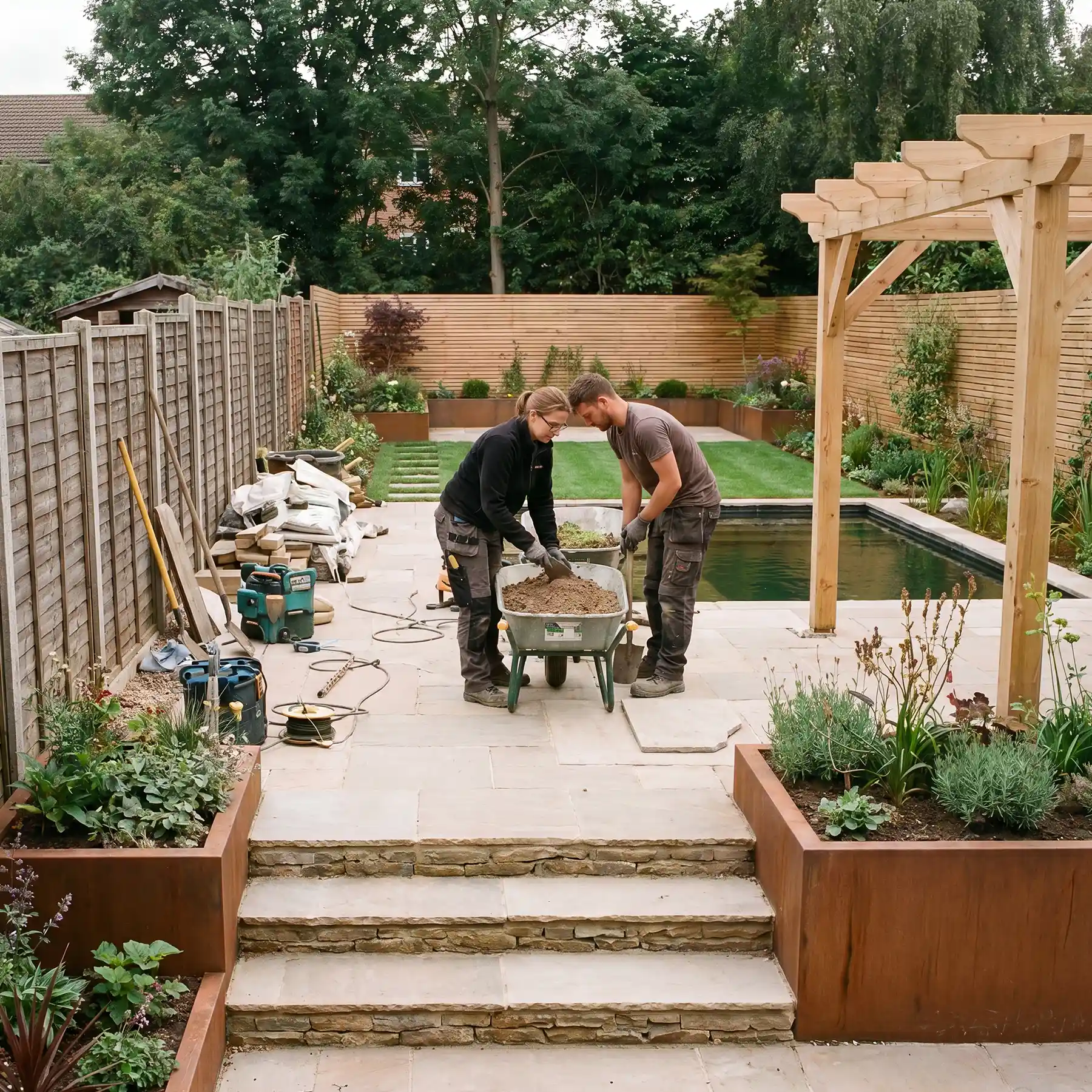Zwei Mitarbeitende im Garten und Landschaftsbau arbeiten mit einer Schubkarre auf einer neu angelegten Terrasse neben Pool und Holzpergola.