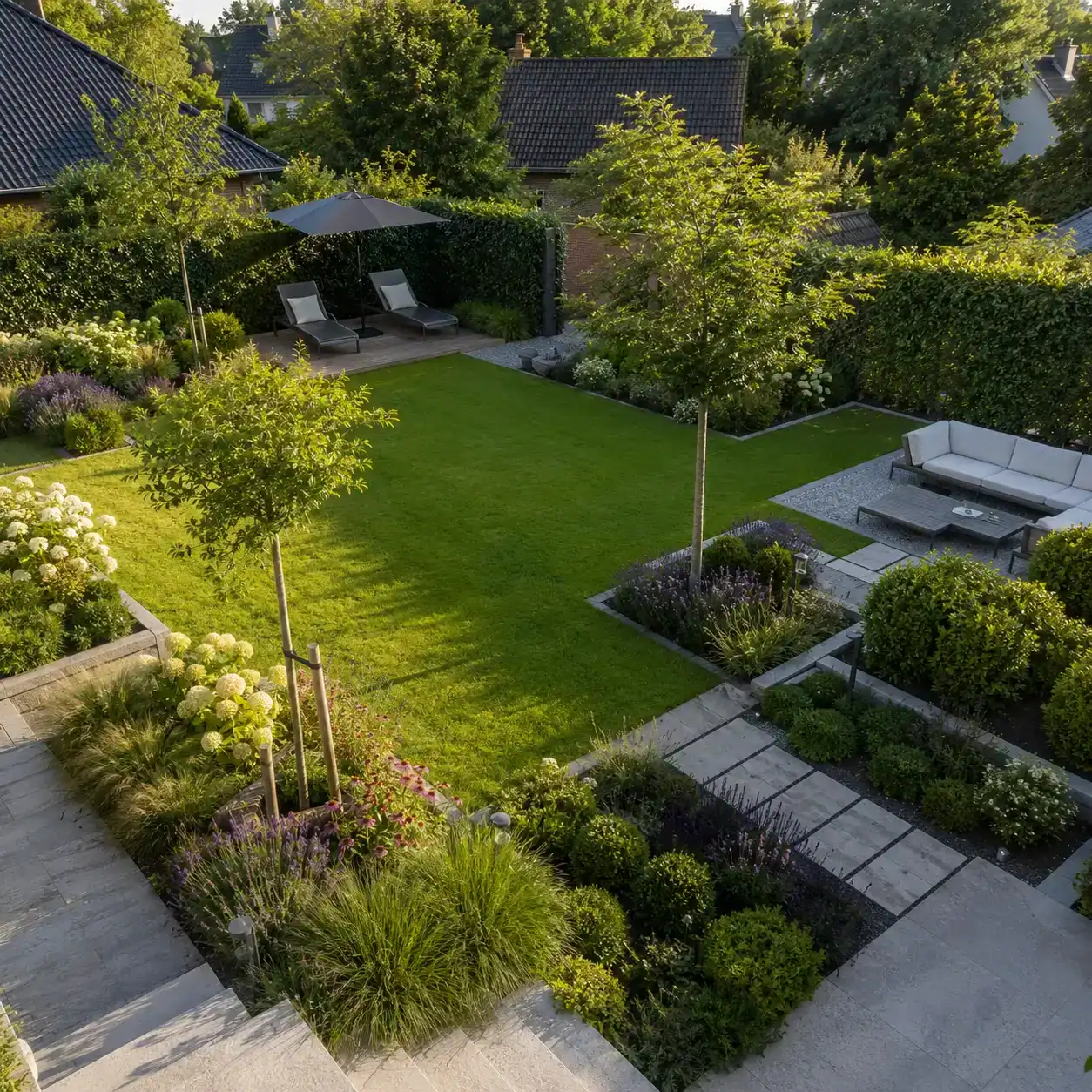 Gepflegte Gartenanlage mit Rasenfläche, Pflanzbeeten, Lounge Bereich und moderner Wegegestaltung in Dorsten