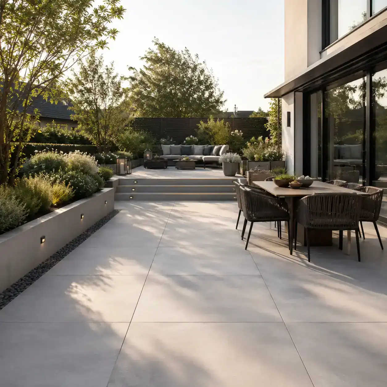 Moderne Terrasse mit großformatigen Platten, Sitzbereichen, Pflanzbeeten und Hausanschluss in Dorsten