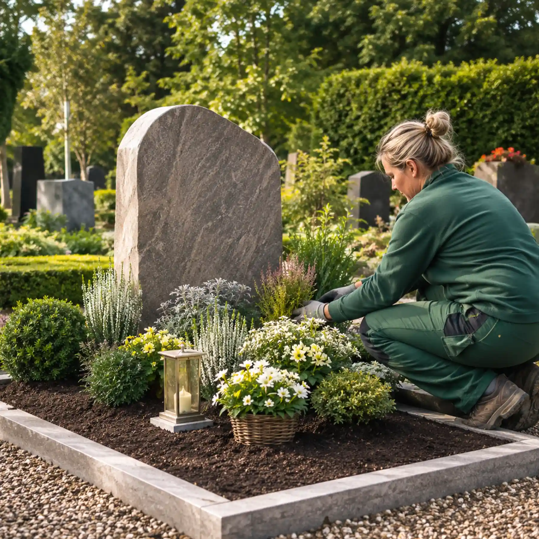 Gepflegte Grabstätte mit Naturstein, Bepflanzung und Fachkraft bei der Grabpflege auf einem Friedhof.