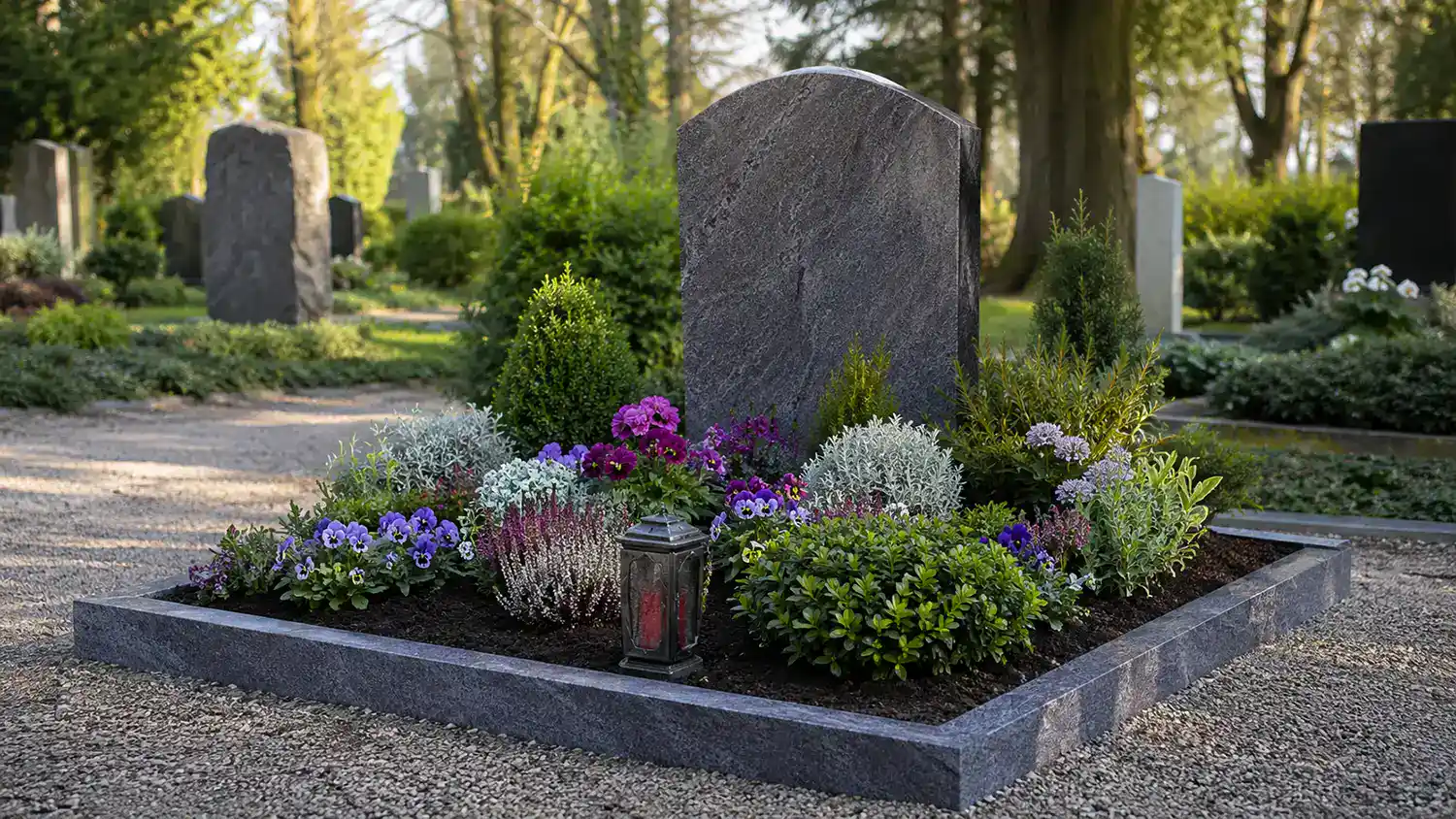 Gepflegtes Grab mit Grabstein, saisonaler Bepflanzung und Grablicht auf einem ruhigen Friedhof