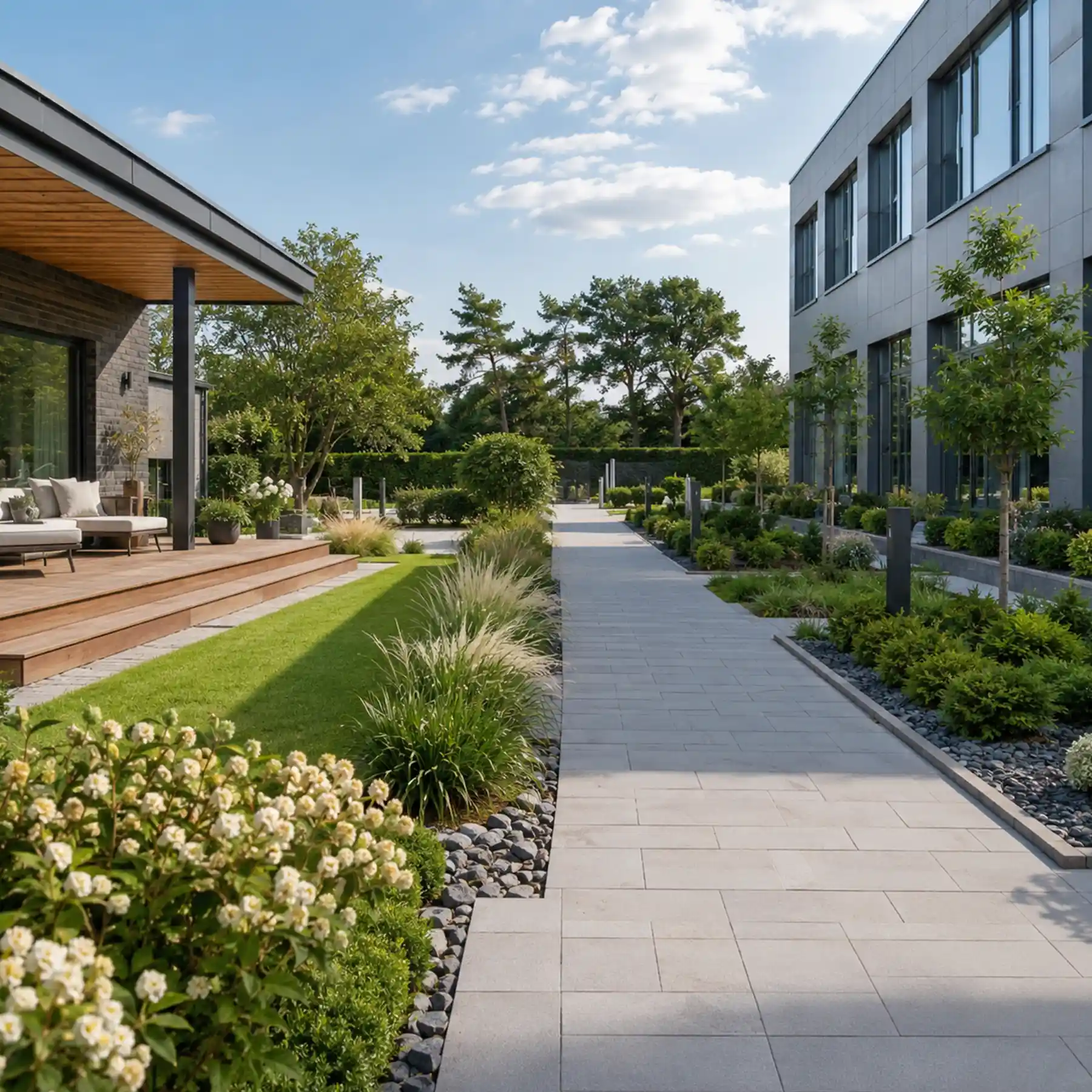 Moderne Außenanlage mit privater Terrasse, gepflegtem Garten und gewerblichem Gebäude mit klaren Wegen und Pflanzflächen.