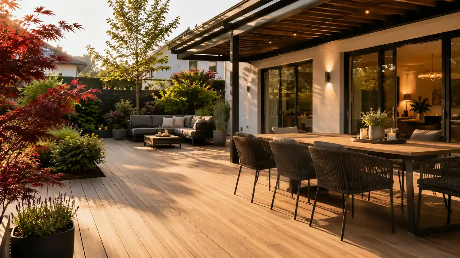 Moderne Terrasse mit Holzbelag, Essbereich, Lounge Ecke, Pergola und gepflegter Bepflanzung