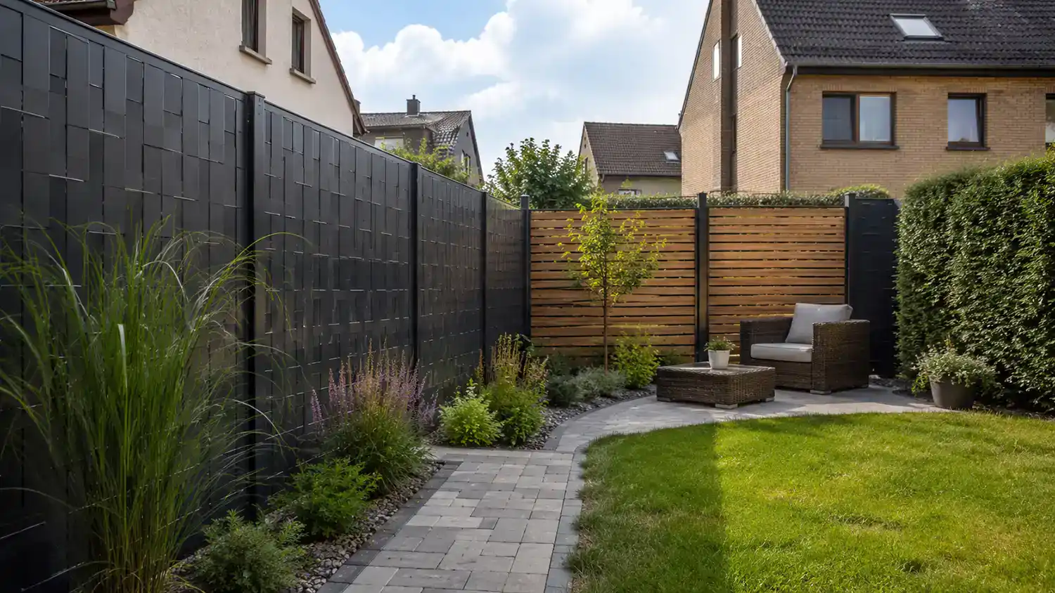 Moderner Sichtschutzzaun mit Gartenweg, Sitzbereich und gepflegtem Garten in einem Wohnumfeld